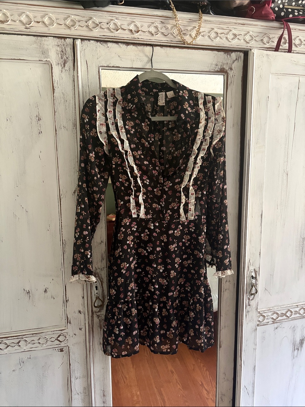 Divided Black Floral Long Sleeve Ruffle Dress